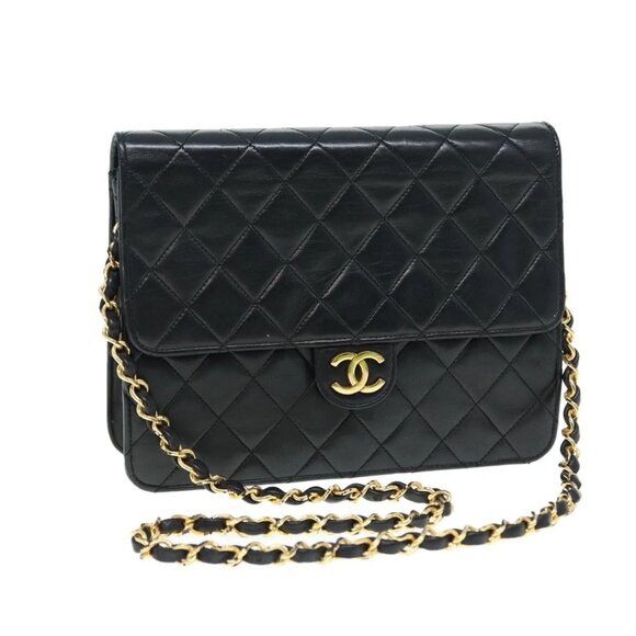 CHANEL Matelasse Chain Shoulder Bag Lamb Skin Black Gold CC Auth bs16822 - Picture 1 of 16